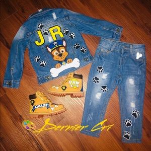 Custom hand painted 2 piece denim outfit and boots